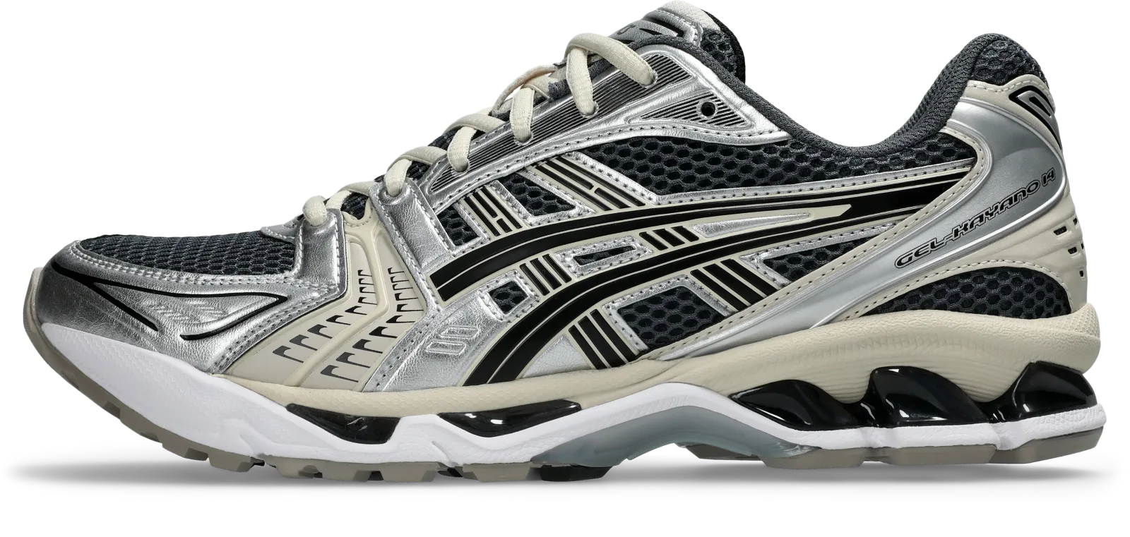lateral side view, silver overlays, black wavy midsole and GEL-KAYANO 14 branding on arch, ASICS GEL-Kayano 14
