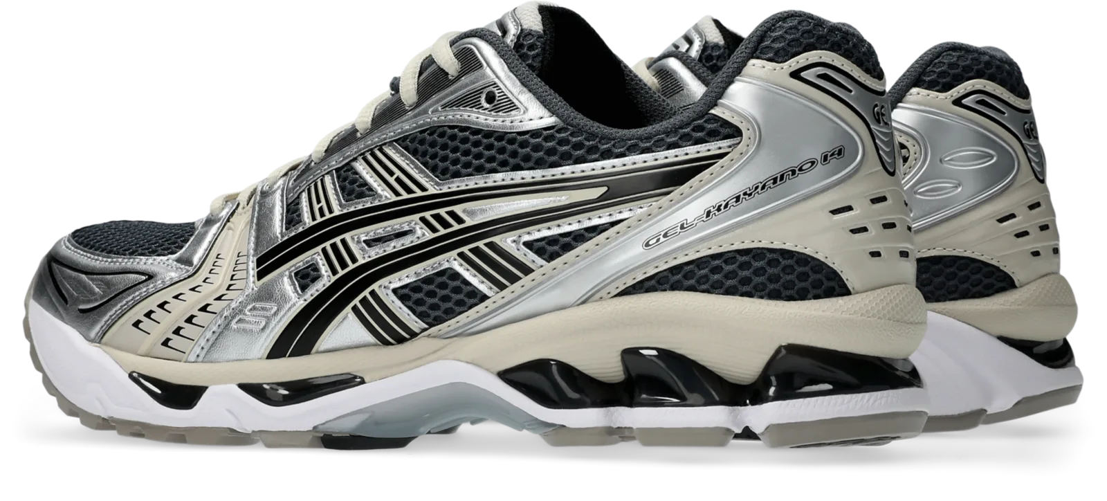 angled pair view showing heel GEL panel and lateral silver striping, ASICS GEL-Kayano 14