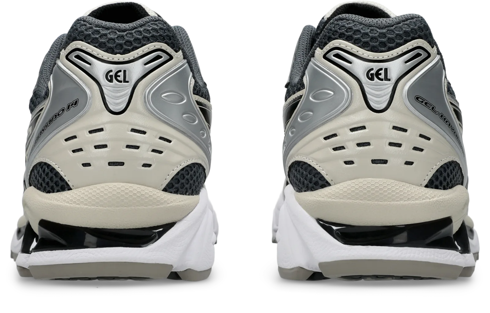 heel pair view showing GEL panel, cream heel pad and black wavy midsole, ASICS GEL-Kayano 14