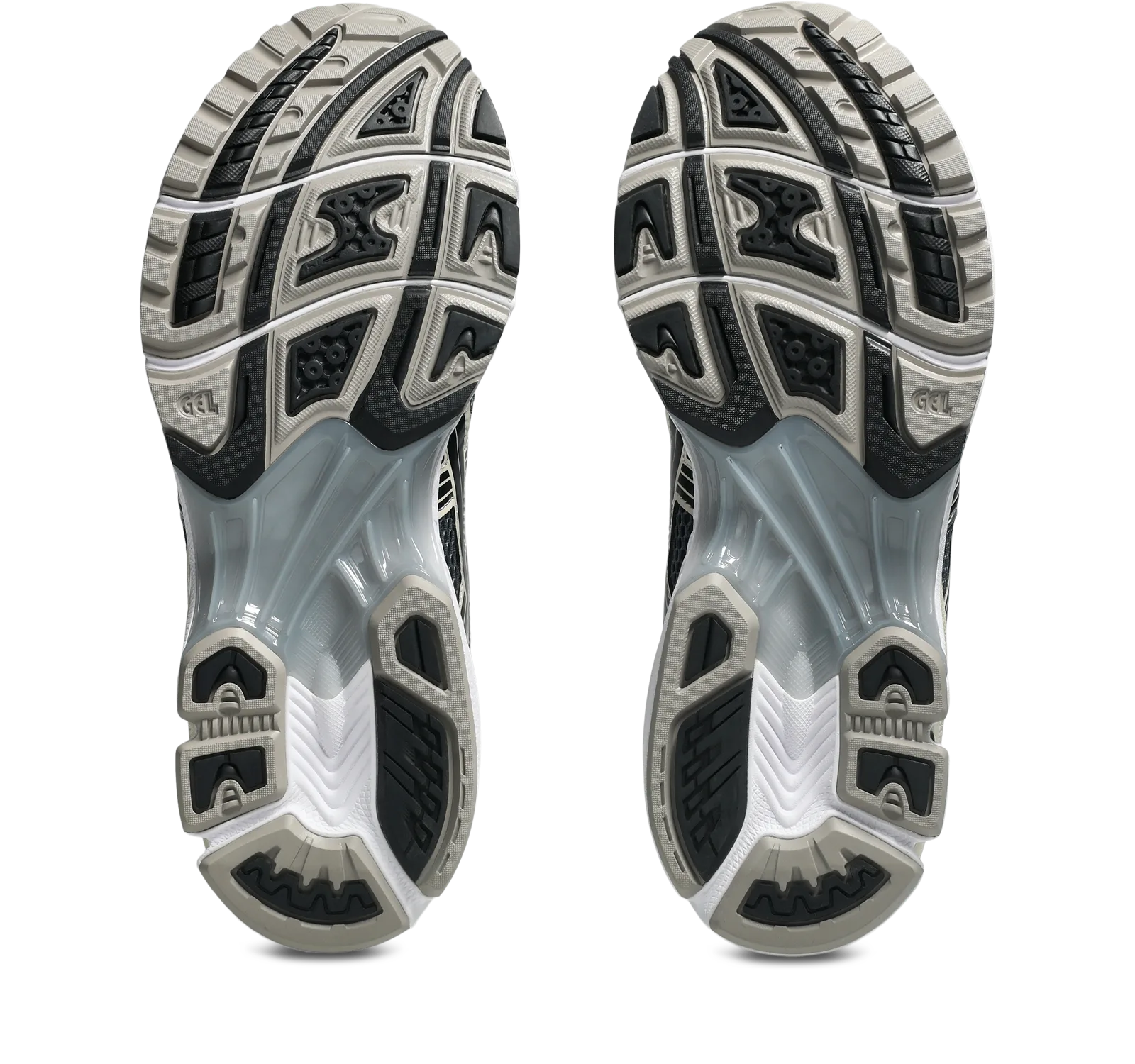 outsole pair view, black and grey tread with GEL branding and clear gel windows, ASICS GEL-Kayano 14