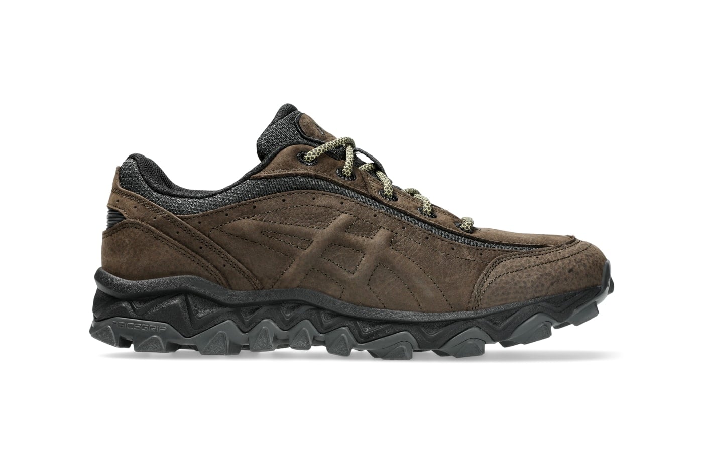side view, brown suede with black overlays, olive patterned laces, black-grey outsole, Ash Green/Graphite Grey