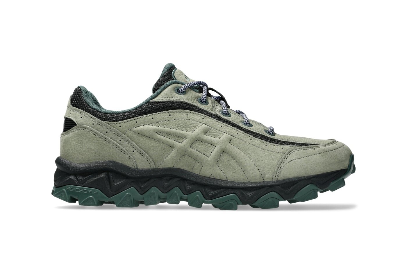 side view, sage green suede with black overlays and dark green lugged outsole, Ash Green/Graphite Grey