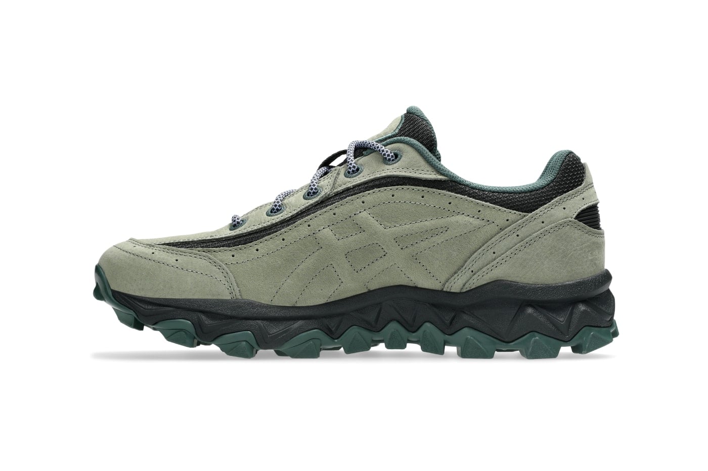 side view, sage green suede, black heel counter, green outsole, toe facing left, Ash Green/Graphite Grey