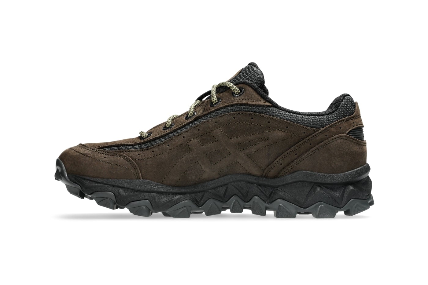 side view, brown suede with black overlays and olive laces, toe facing left, Ash Green/Graphite Grey