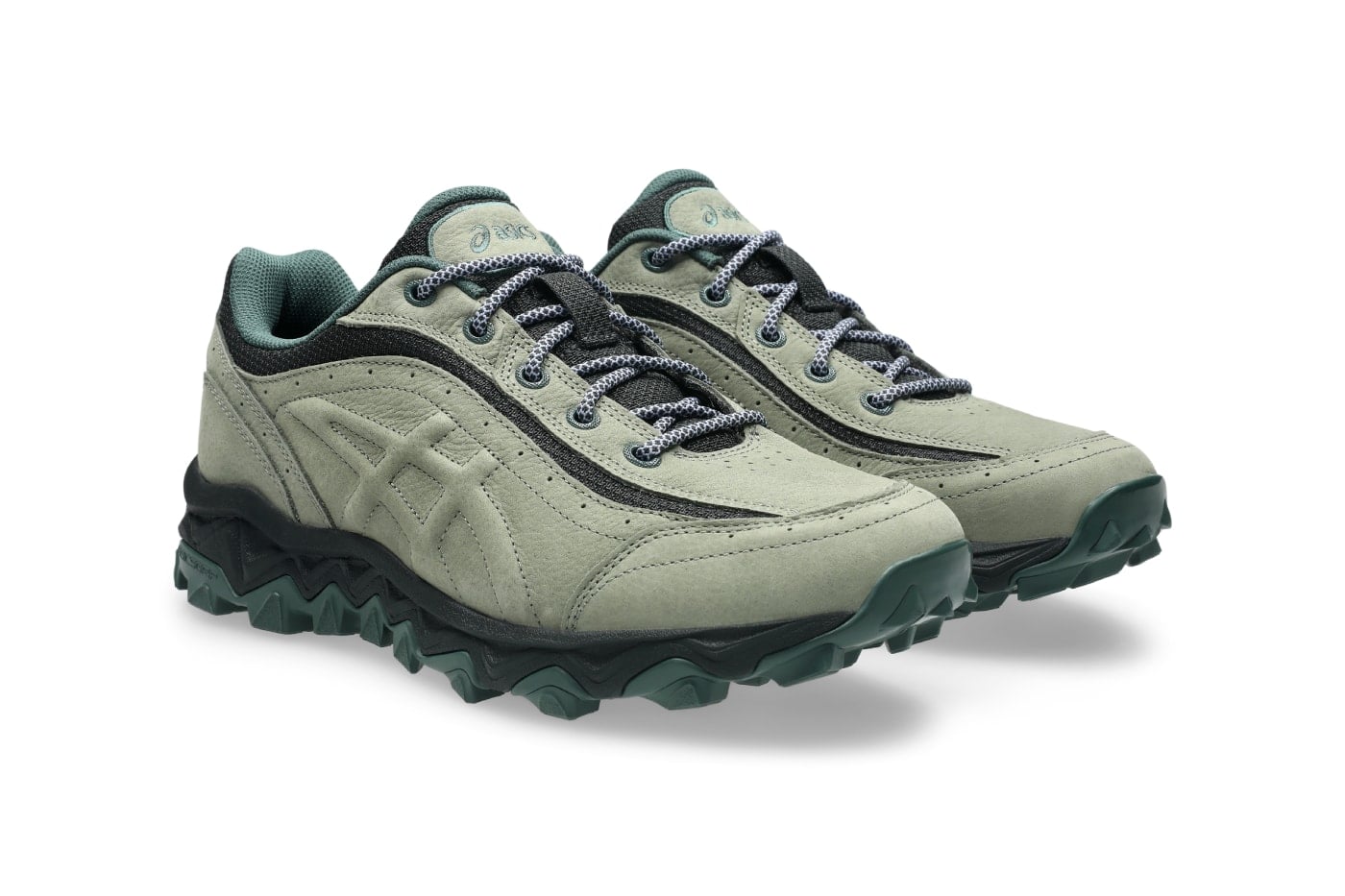 front three-quarter pair view, sage green suede with ASICS logo on tongue, Ash Green/Graphite Grey