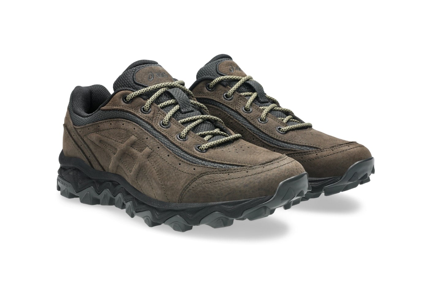 front three-quarter pair view, brown suede with ASICS logo and olive laces, Ash Green/Graphite Grey