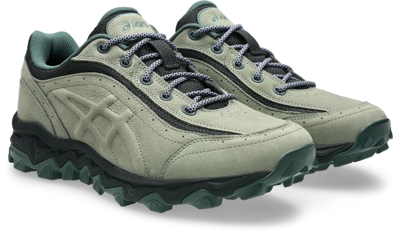 front three-quarter pair view, sage green suede with dark teal trim and grey laces, Ash Green/Graphite Grey