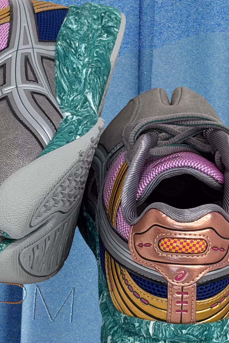 Close-up of a grey ASICS split-toe shoe beside marbled green cushioning and pink mesh