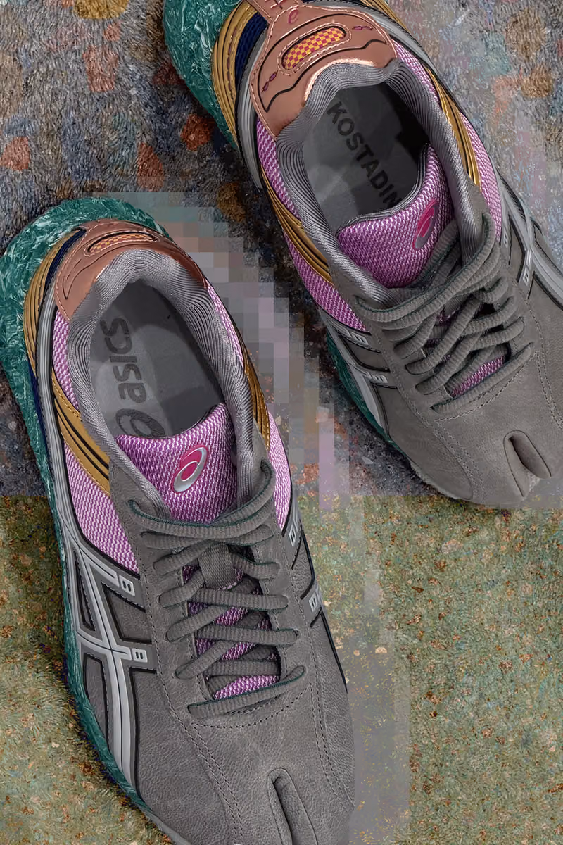 Top view of the Tabi 4 pair with pink tongue mesh and Kiko Kostadinov lettering inside