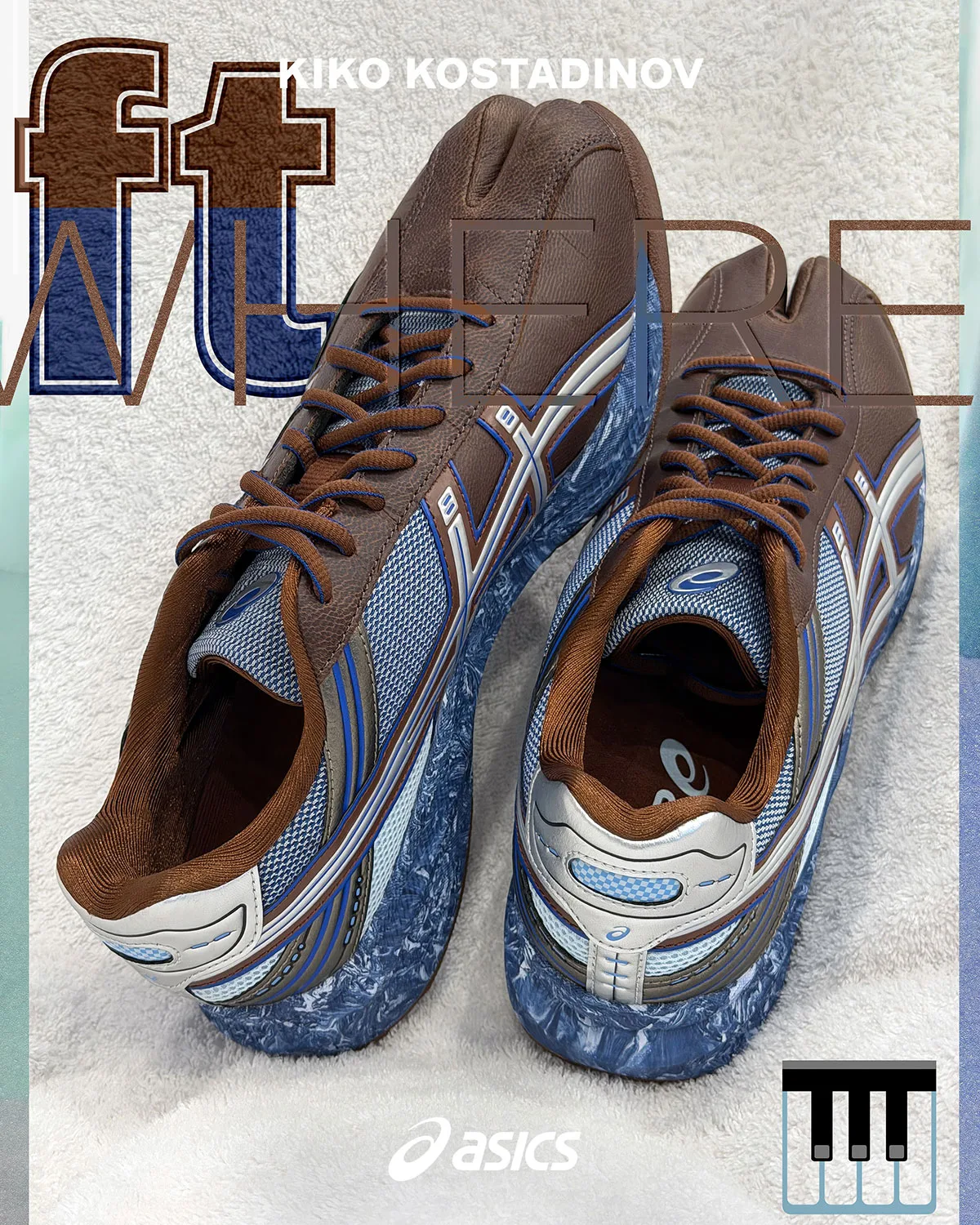 Pair on towel, brown leather split-toe uppers with blue marbled soles, x Kiko Kostadinov