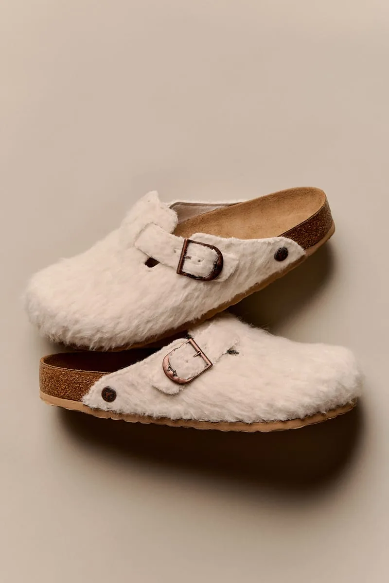 pair stacked, top lateral view showing tan cork midsole and copper buckles, Wooly Moon Buckle