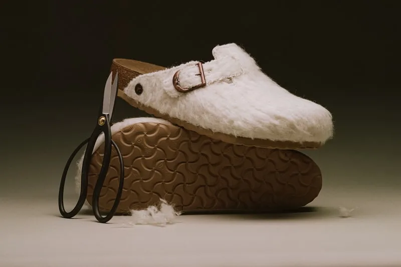 lateral view stacked on outsole, cream shearling texture with copper buckle detail, Wooly Moon Buckle