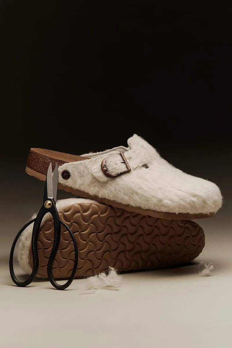 lateral view stacked on outsole, portrait crop with scissors and stray wool fibers, Wooly Moon Buckle