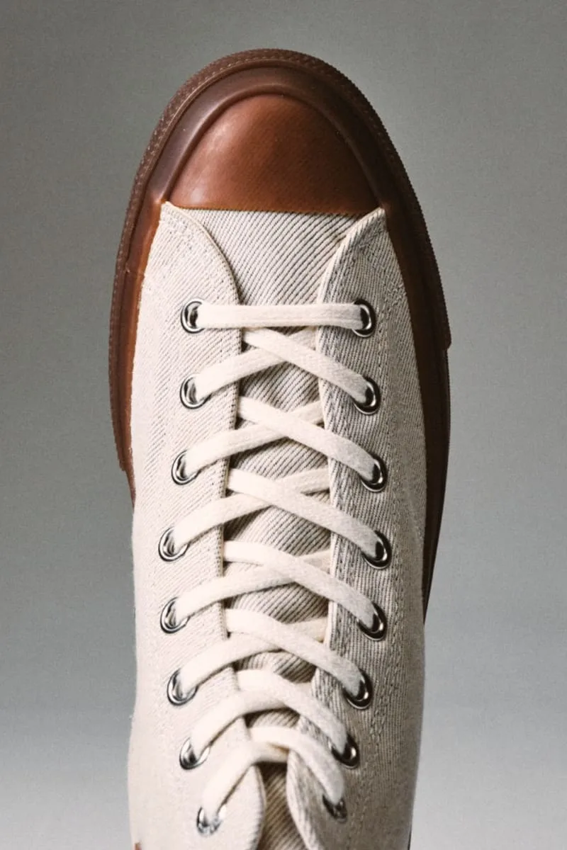 toe detail, brown leather cap over cream twill upper with cream laces, Natural