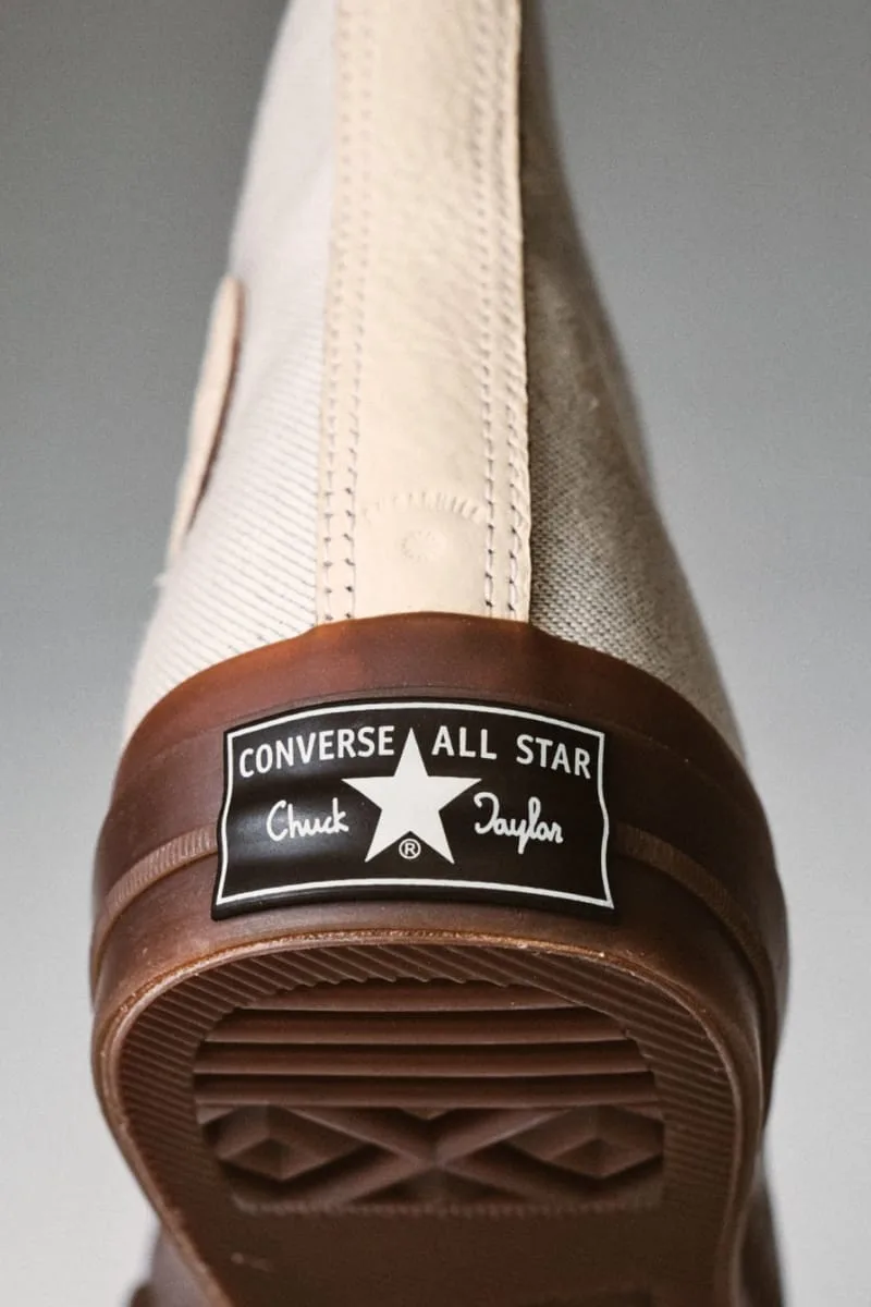 heel detail, black and white Converse All Star Chuck Taylor patch on brown sole, Natural