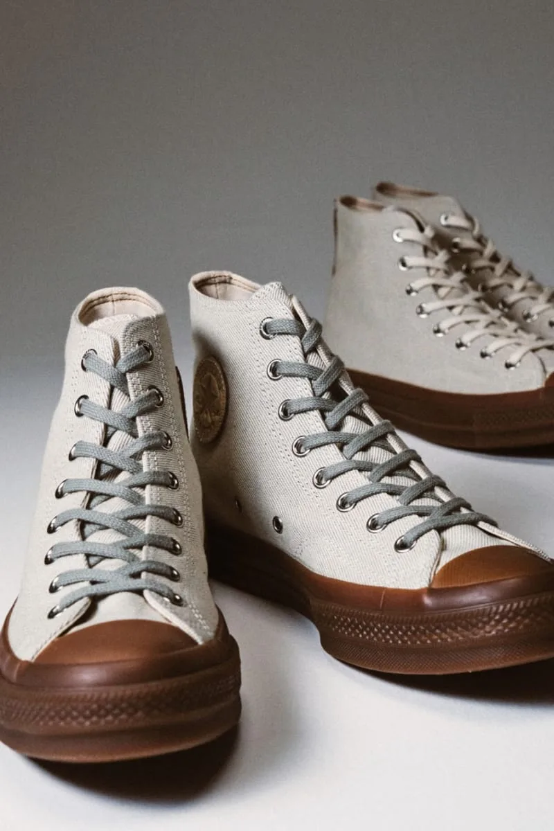 angled pair view, cream twill uppers with grey laces and brown gum soles, Natural