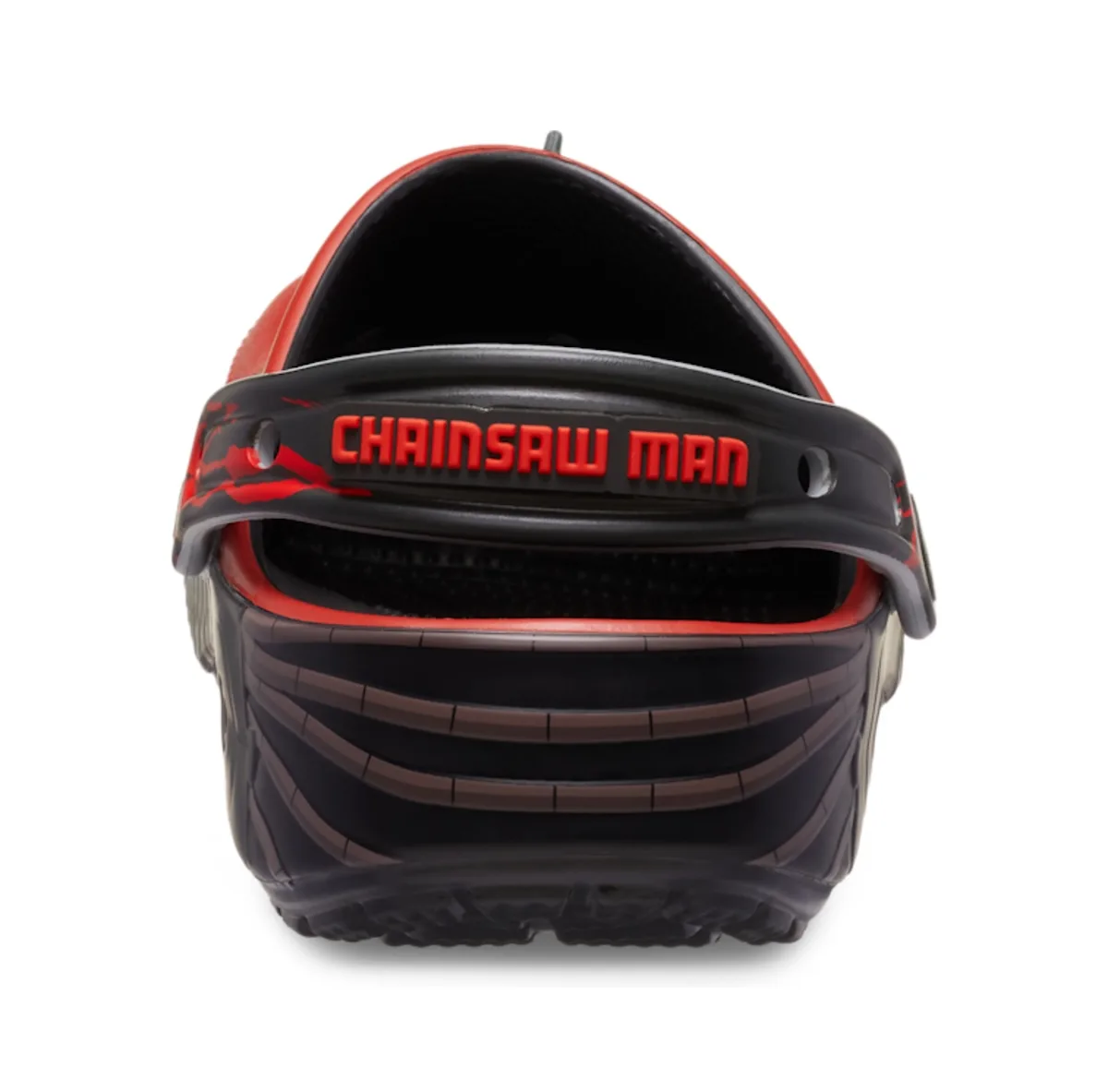 heel view, red clog with black strap reading chainsaw man, Classic Clog Collection