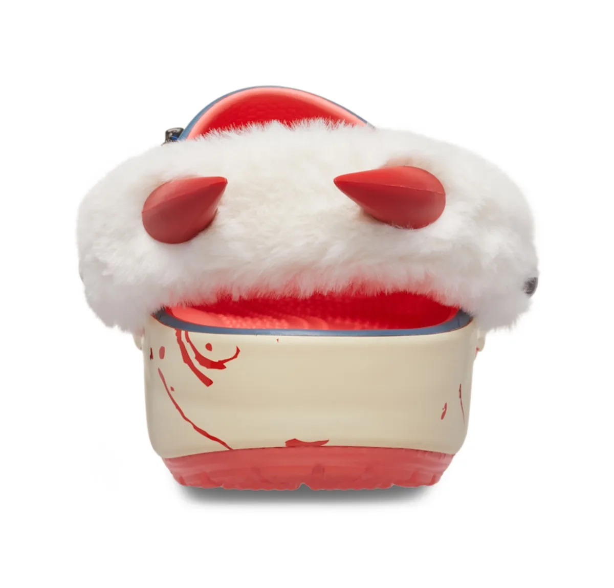 heel view, white fur collar with red spiked horns on cream sole, Classic Clog Collection