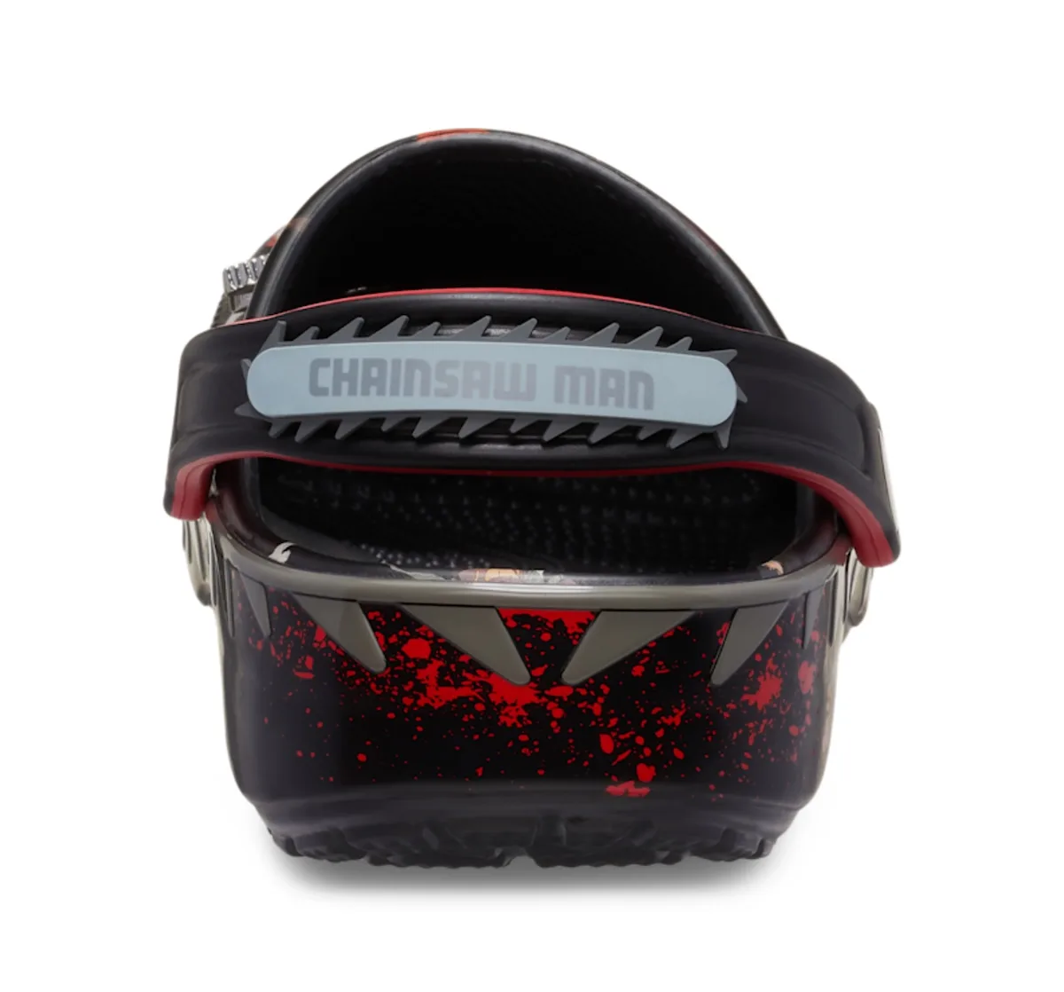 heel view, black clog with red splattered sole and chainsaw man strap, Classic Clog Collection