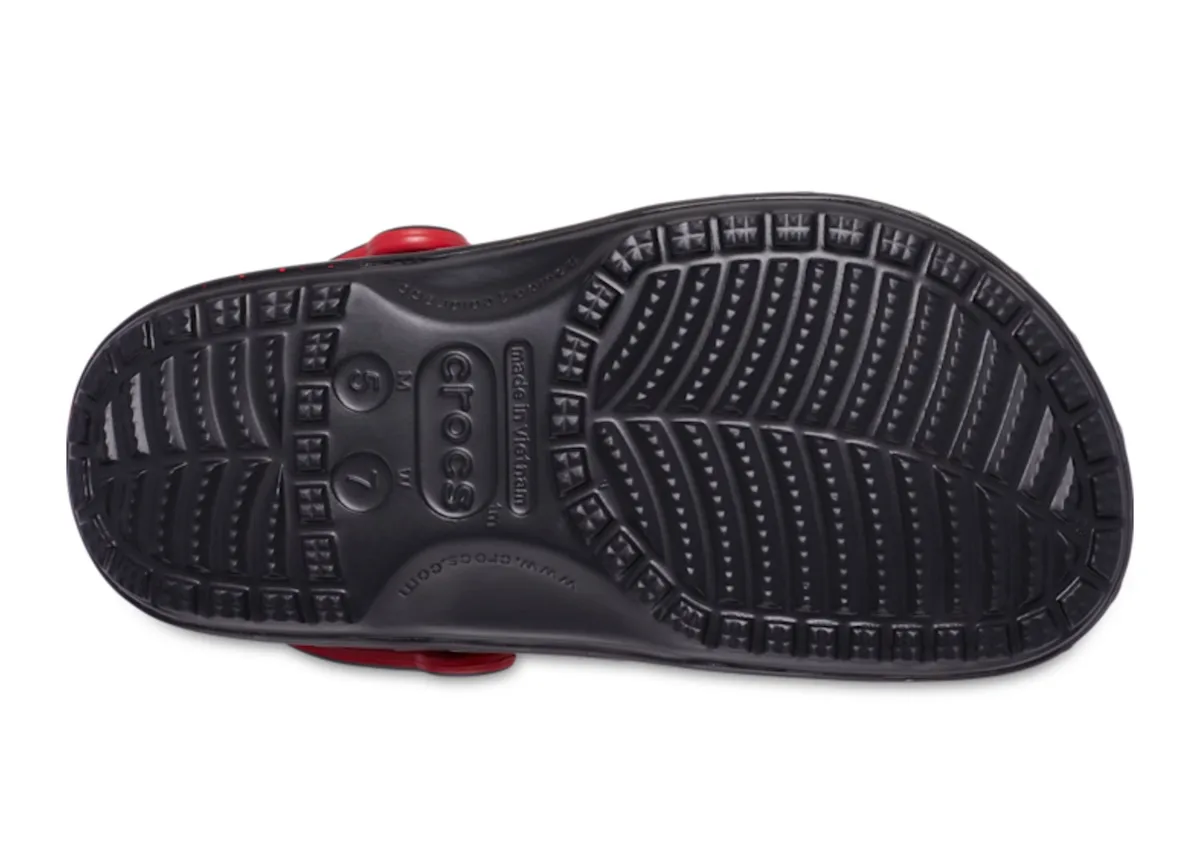 outsole detail, black tread with red heel strap visible, Classic Clog Collection