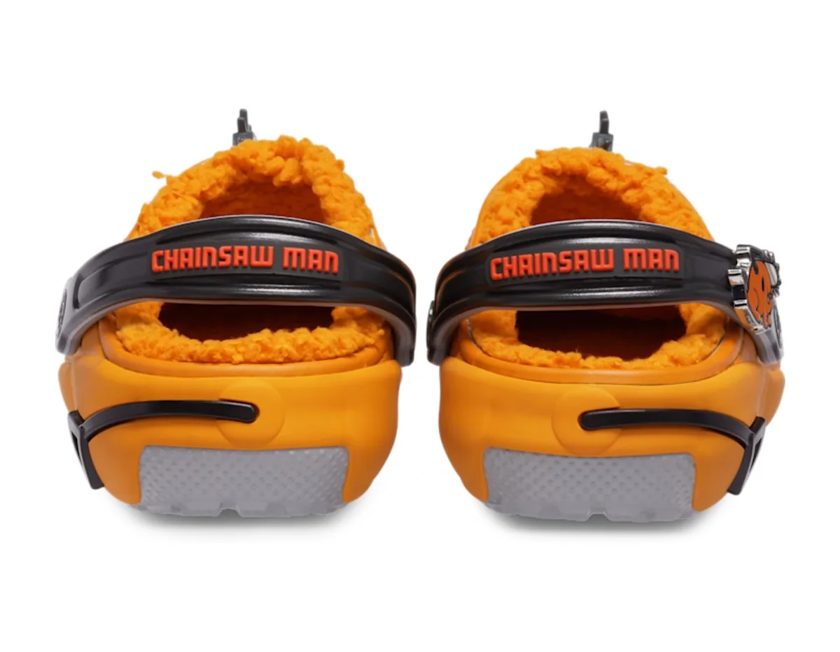 heel view pair, yellow fuzzy interior with chainsaw man branded straps, Classic Clog Collection