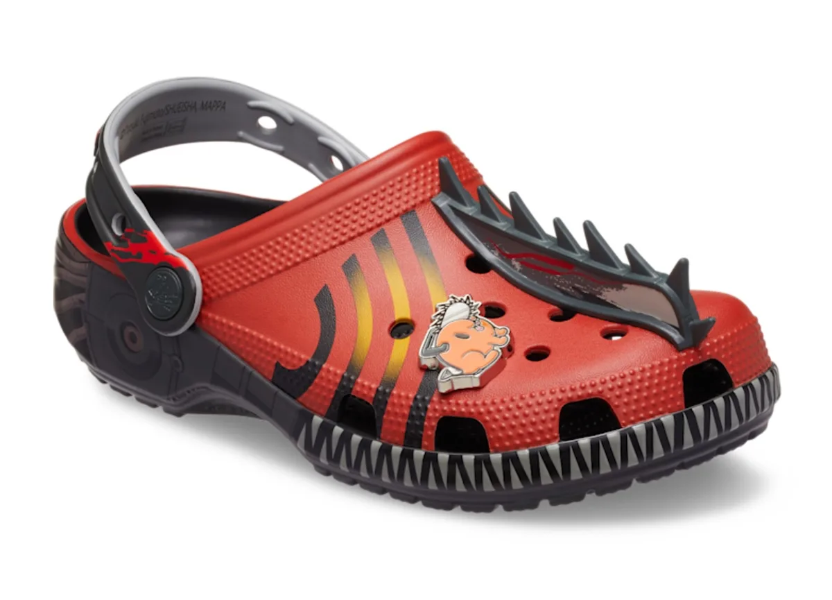 three-quarter view, red clog with black spiked toe cap and demon charm, Classic Clog Collection