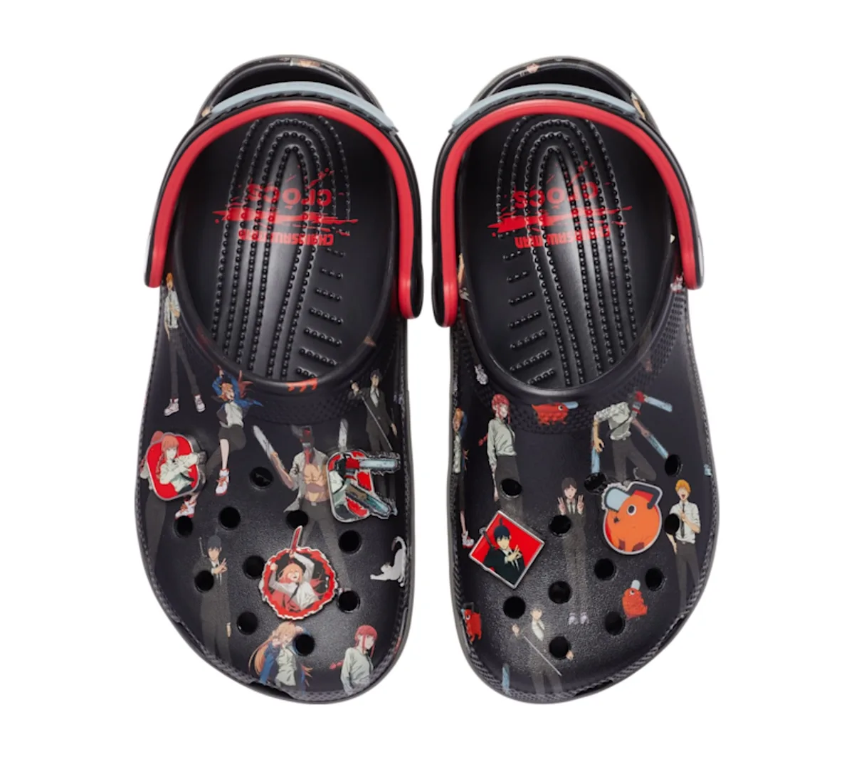top-down pair, black clogs with red trim and allover anime character print, Classic Clog Collection