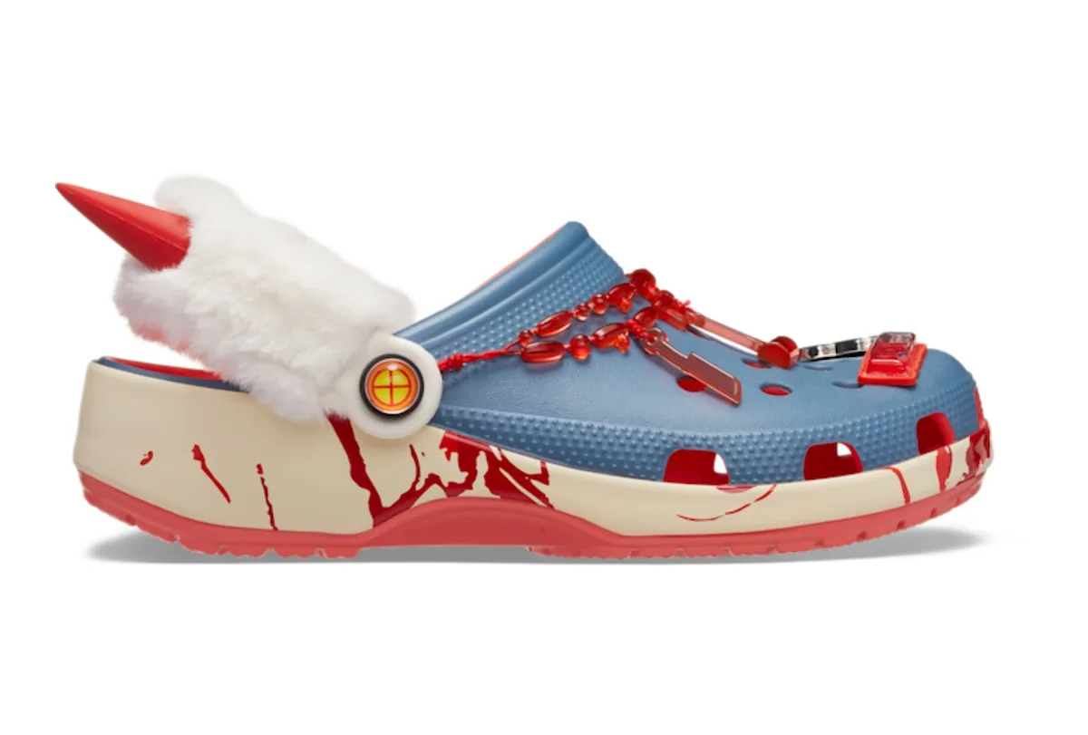lateral view, blue clog with white fur collar and red spiked horns, Classic Clog Collection
