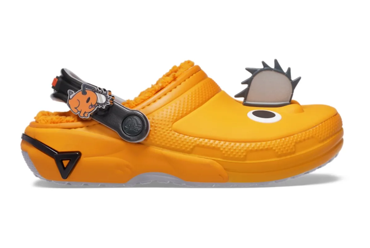 lateral view, yellow fuzzy-lined clog with single eye and spiked brow, Classic Clog Collection