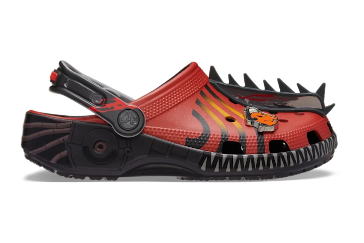 lateral view, red clog with black spiked toe cap and sawtooth outsole, Classic Clog Collection
