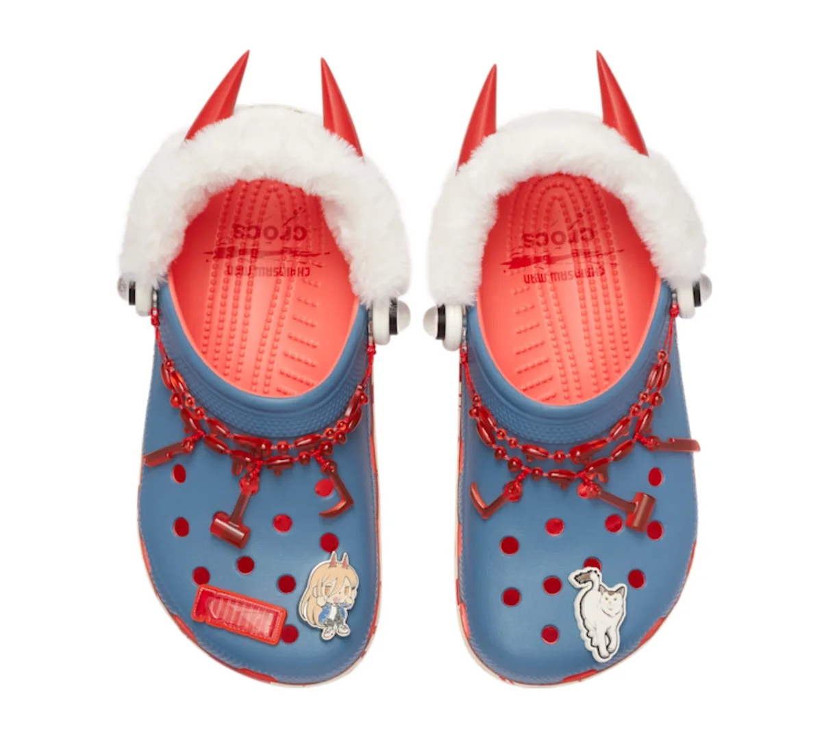 top-down pair, blue clogs with white fur trim, red horns and beaded chains, Classic Clog Collection