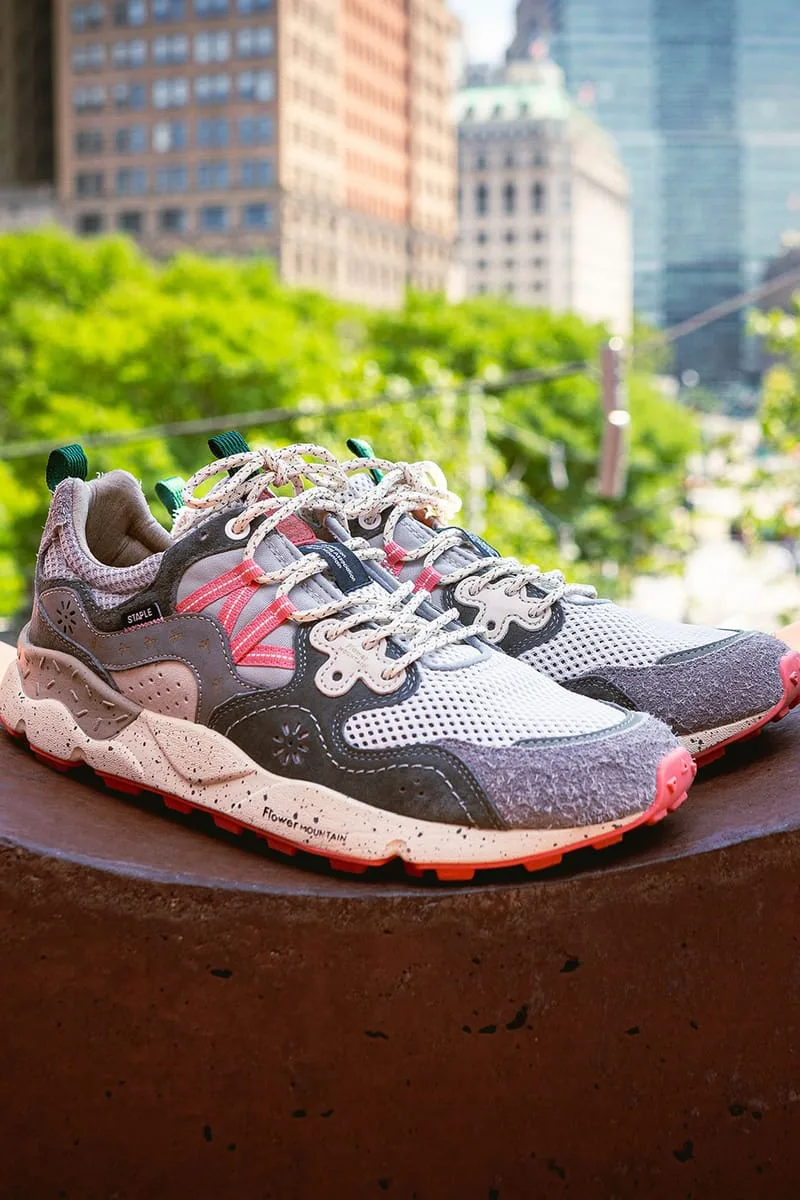 pair on ledge, city skyline backdrop, grey suede and pink lace detail, Staple Yamano 3