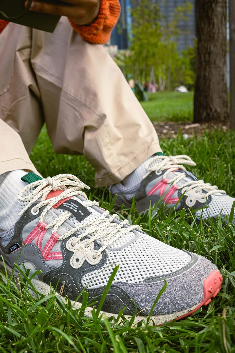 on-foot close-up in grass, cream laces, pink toe accents on both shoes, Staple Yamano 3