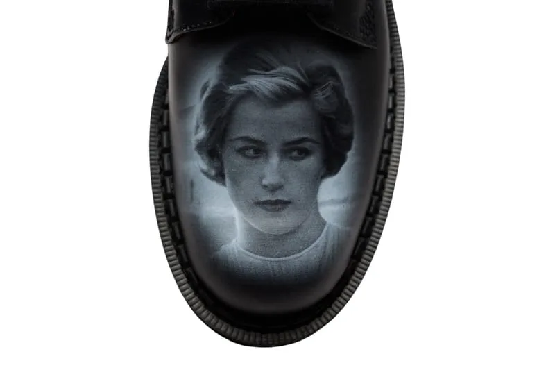 toe close-up, black leather with black-and-white portrait print of a woman's face, 4 Eyelet Derby