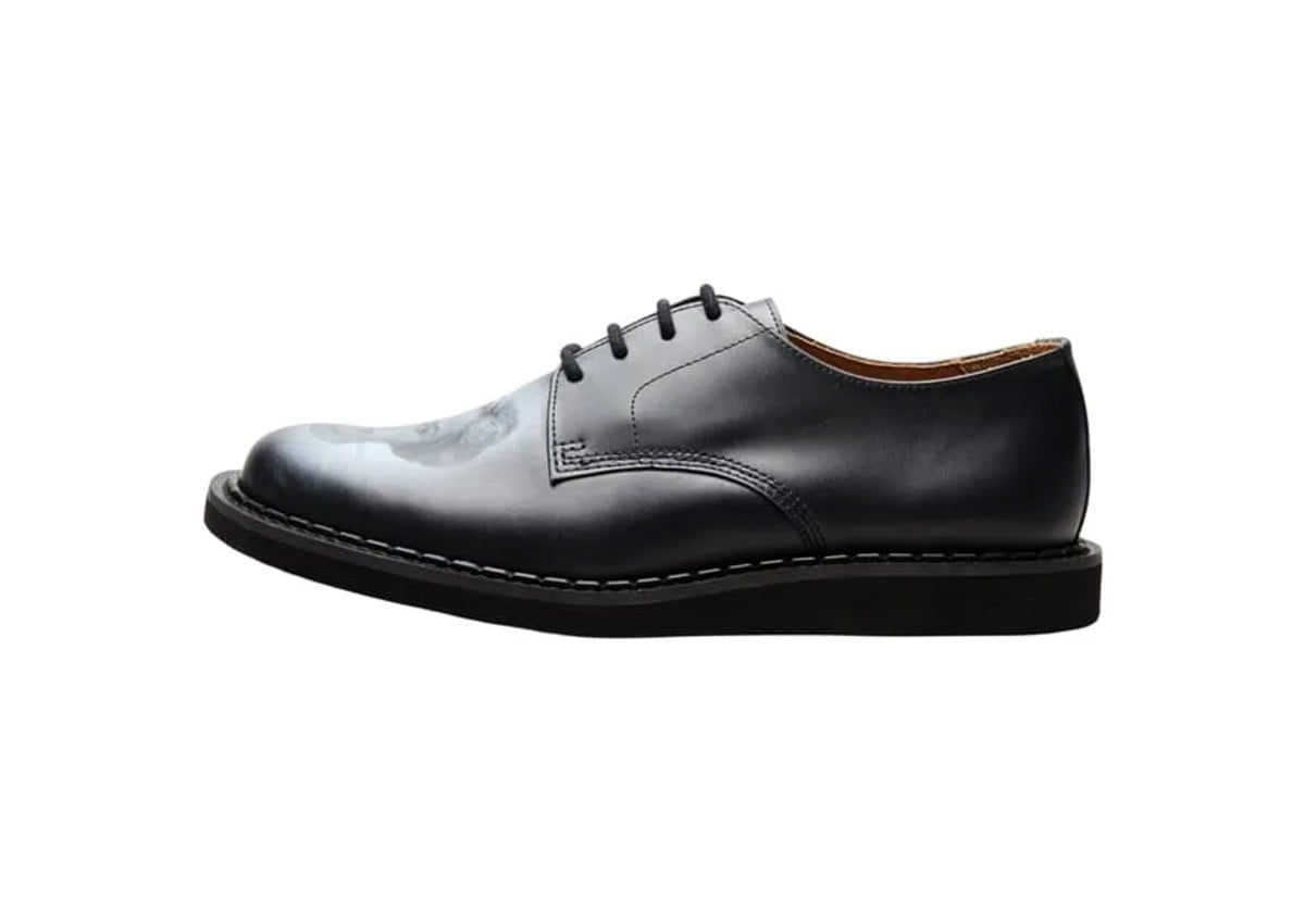 lateral view, black leather derby with faint ghostly face print, UNDERCOVER x Cindy Sherman x George Cox 4 Eyelet Derby