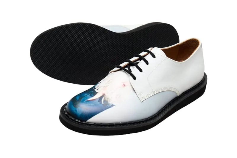 pair with sole shown, white leather derby printed with a blue-toned figure, 4 Eyelet Derby