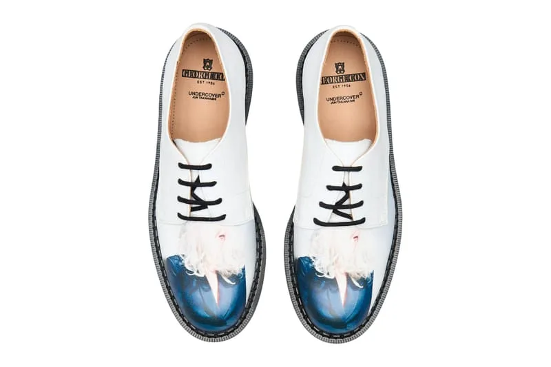 top-down pair, white leather derbies with black laces and blue photographic print on toes, 4 Eyelet Derby