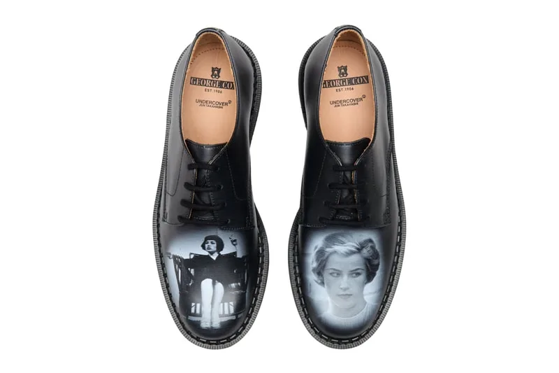 top-down pair, black leather with GEORGE COX and UNDERCOVER branded insoles, seated figure and portrait prints, 4 Eyelet