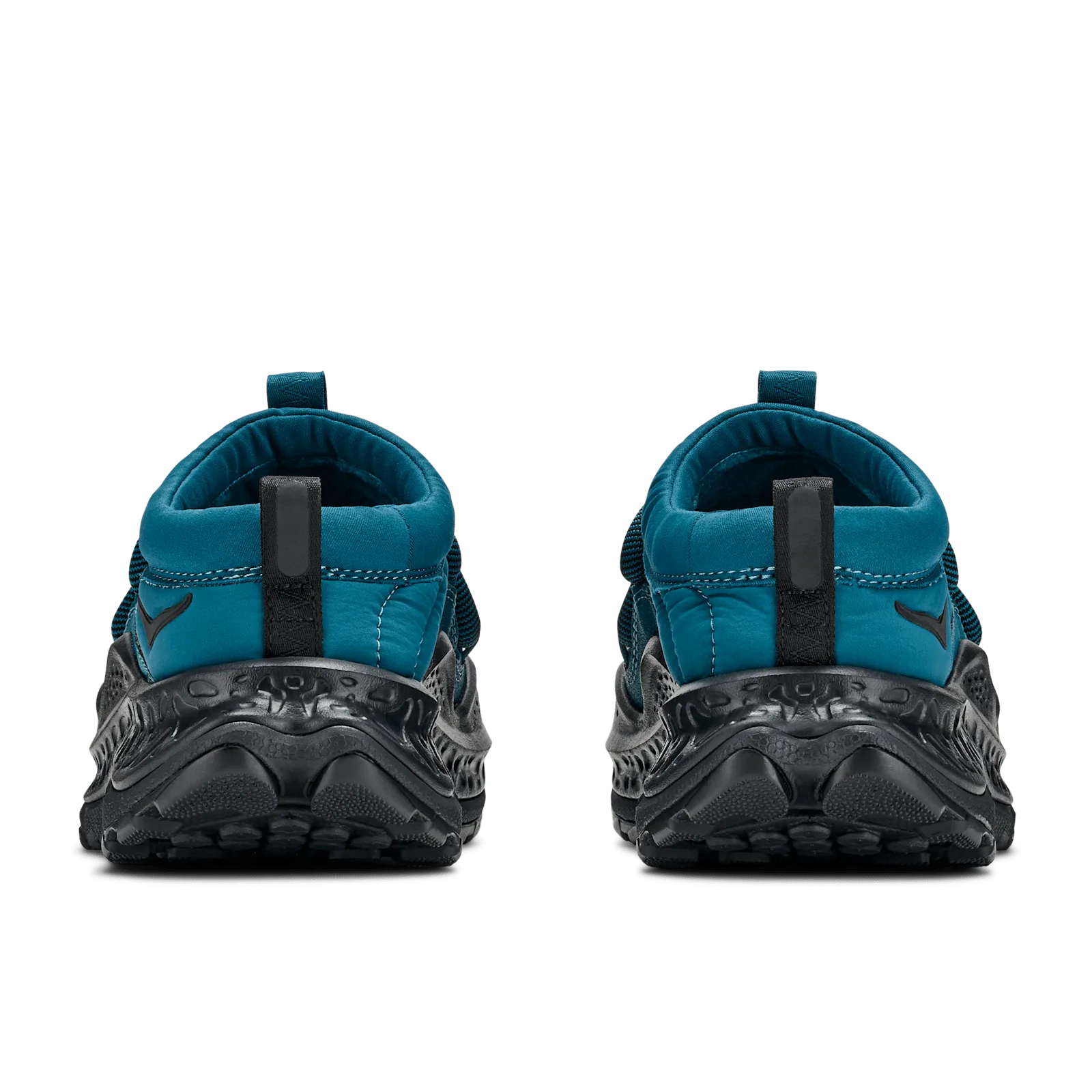 heel view of pair, teal collar, black pull tabs, black wavy soles, Tidal Wave