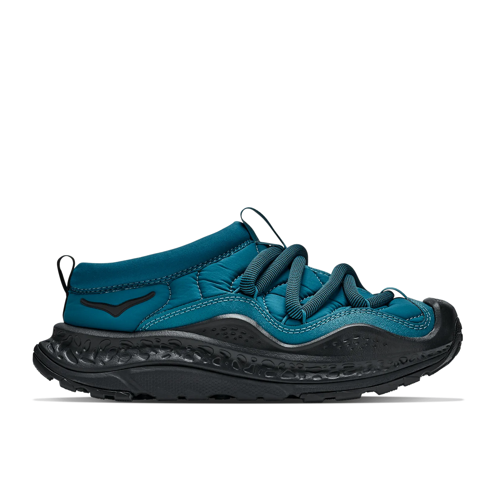 lateral view, teal quilted upper, black chunky sole, elastic toggle laces, Tidal Wave