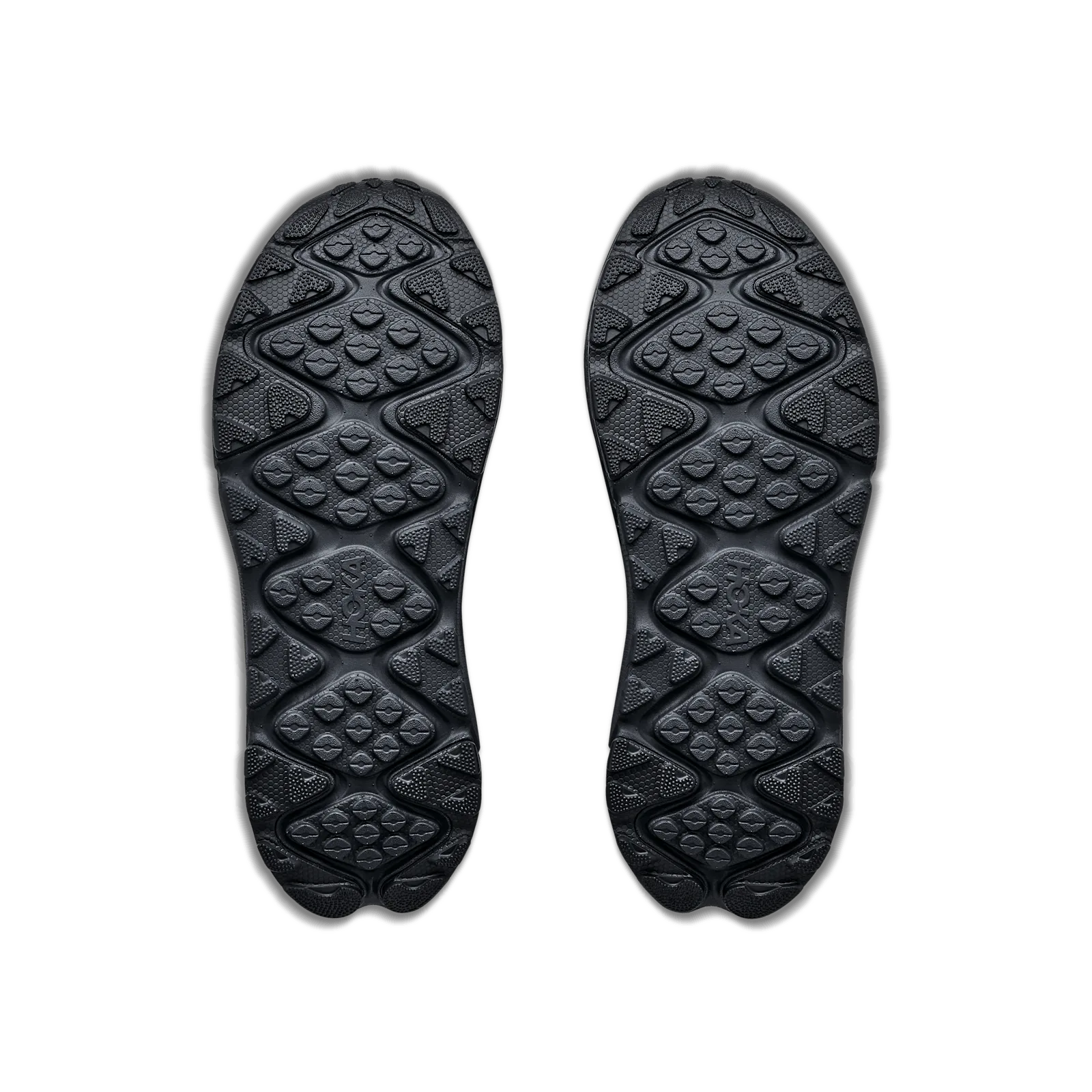 outsole view of pair, black tread pattern with HOKA logo, Tidal Wave