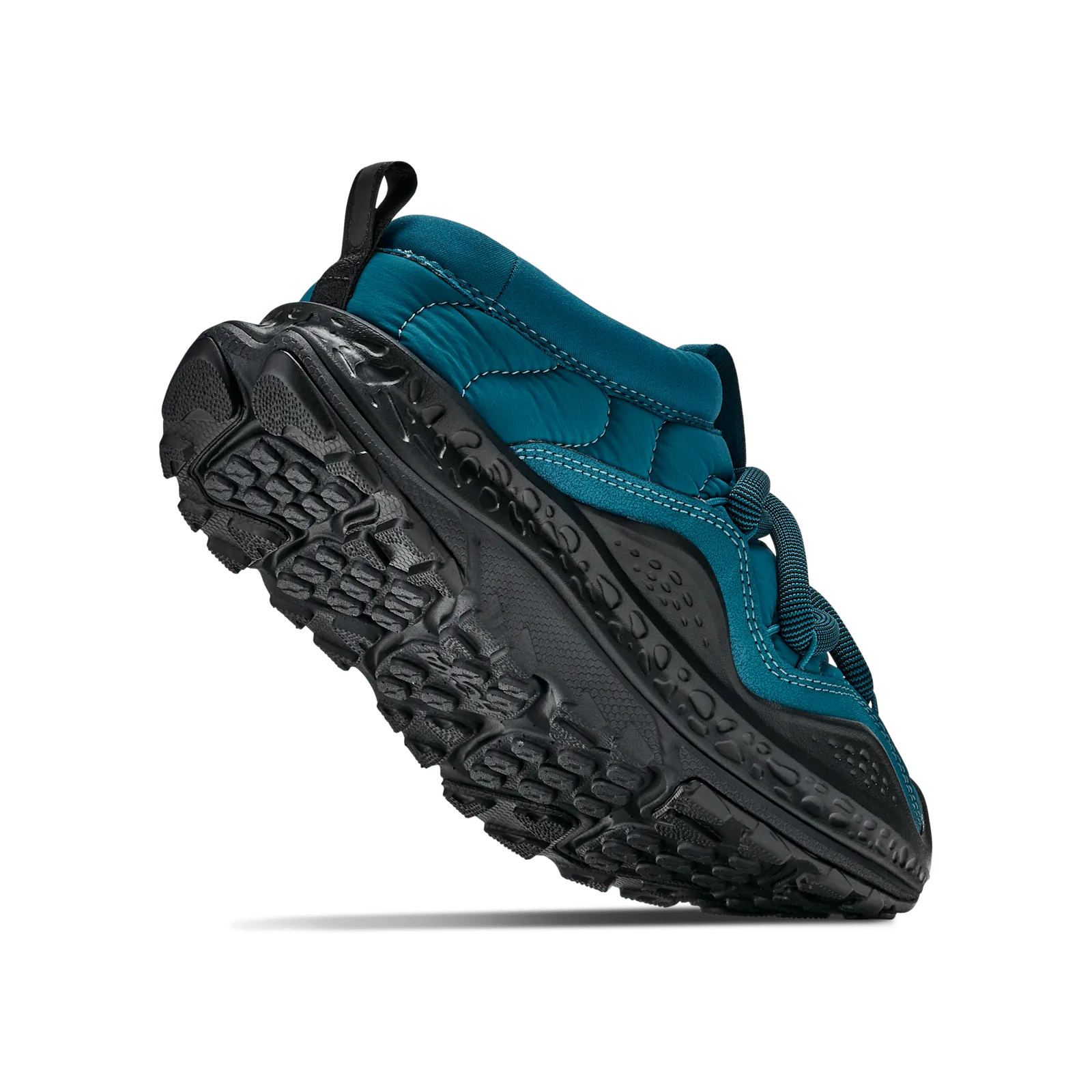 three-quarter heel view, teal upper, black tread sole, white backdrop, Tidal Wave