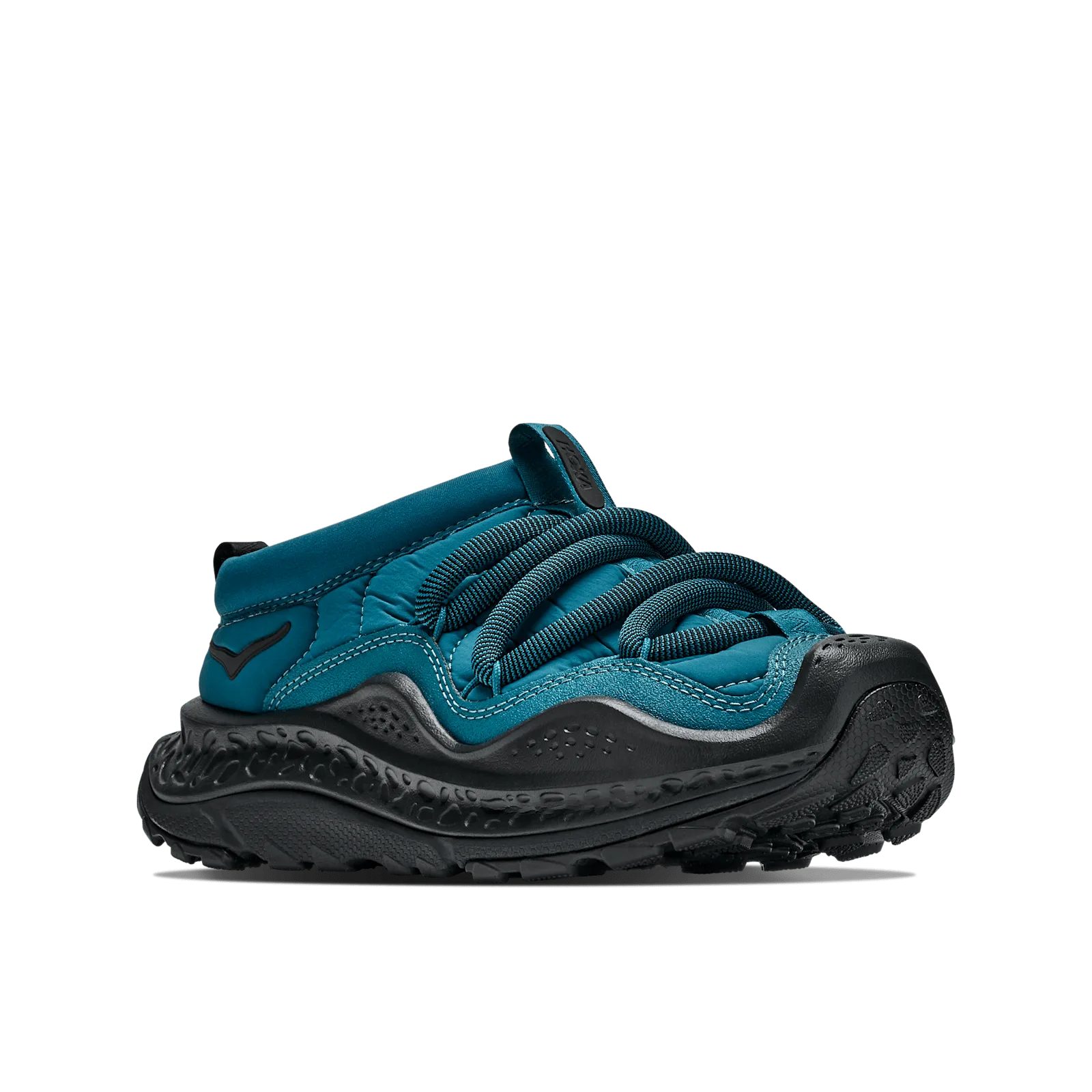 close toe view, teal quilted upper, black toe cap with HOKA tab, Tidal Wave