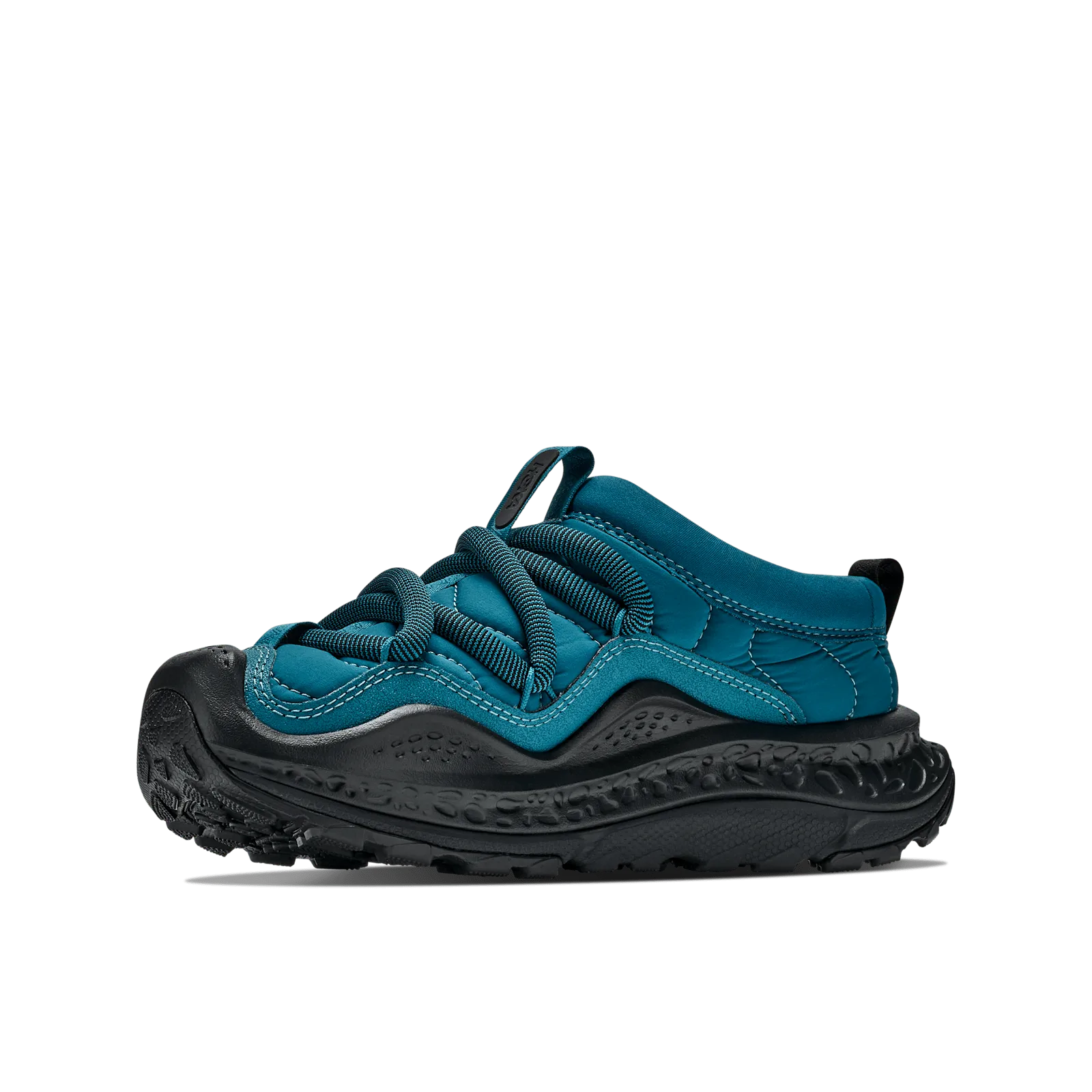 angled toe-to-heel view, teal upper, black toe bumper, white backdrop, Tidal Wave