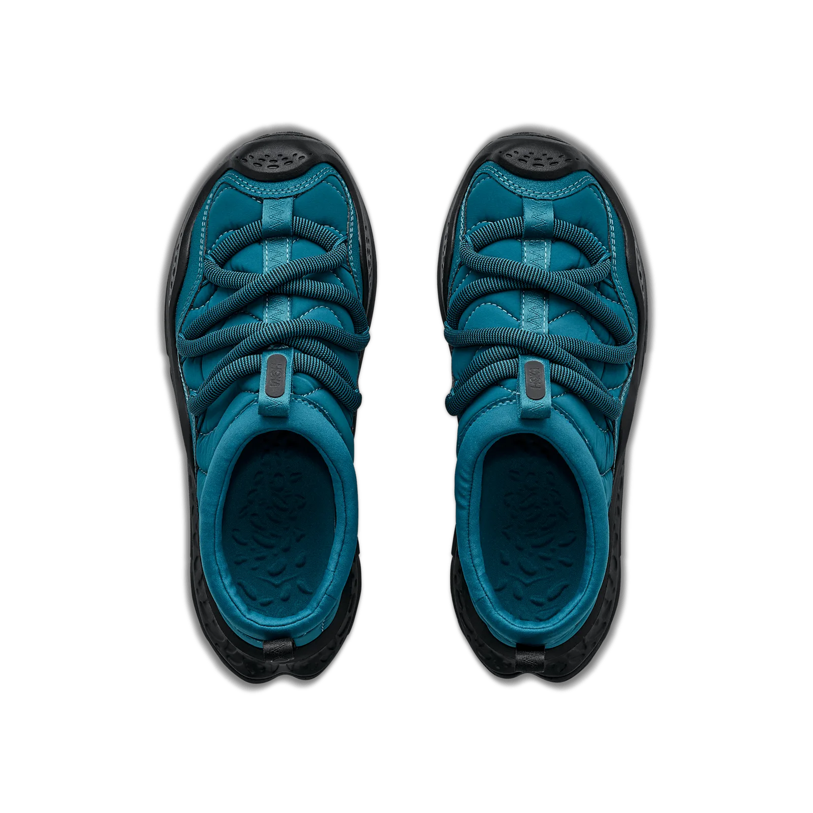 top-down view of pair, crossed teal laces, black insoles, Tidal Wave