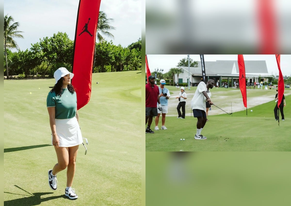 woman on golf course in green Jordan polo and white skirt beside red, N/A (Jordan Brand golf tour investment, no product)