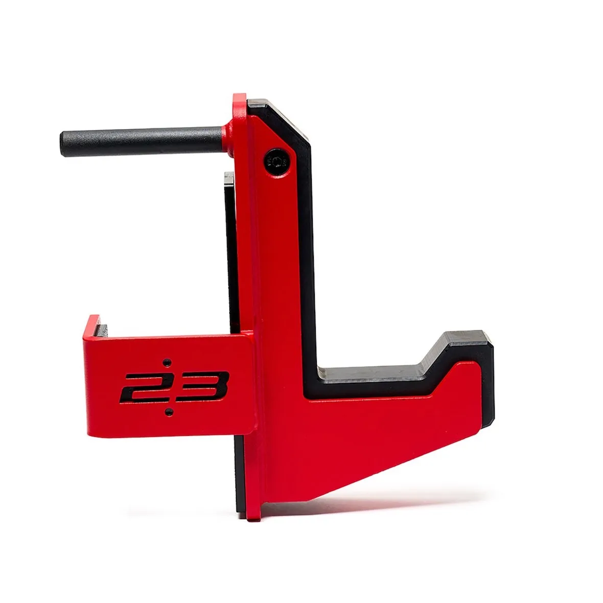 detail of red J-hook rack attachment with black 23 lettering, Jordan Strength Collection
