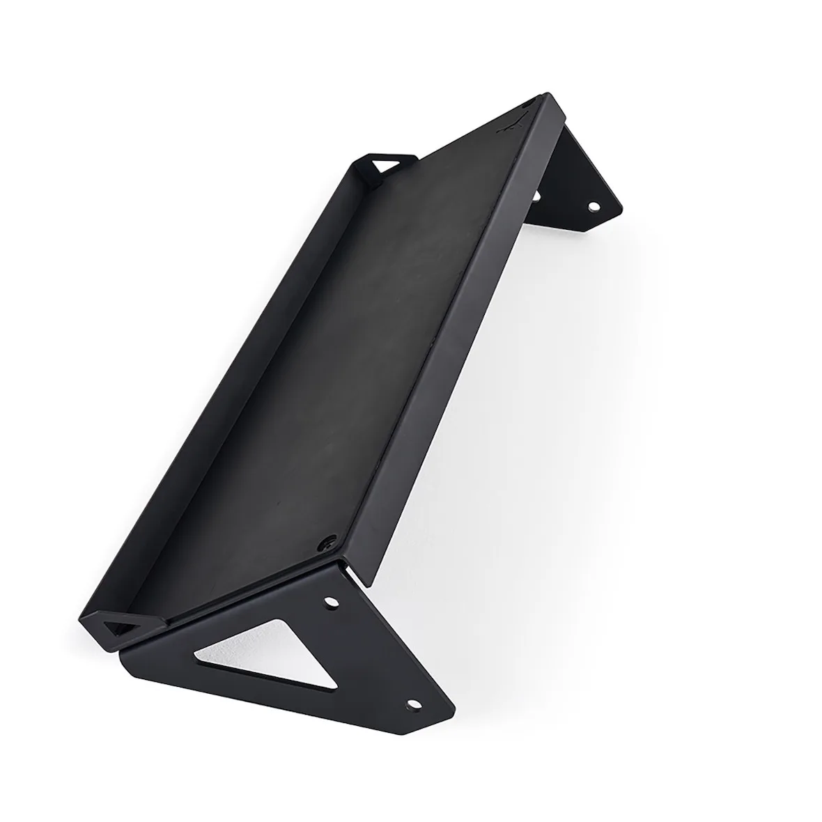 angled black wall-mounted shelf with small Jumpman logo, Jordan Strength Collection