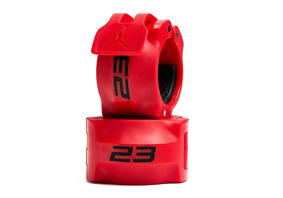 pair of red barbell collars with black 23 text and Jumpman logo, Jordan Strength Collection