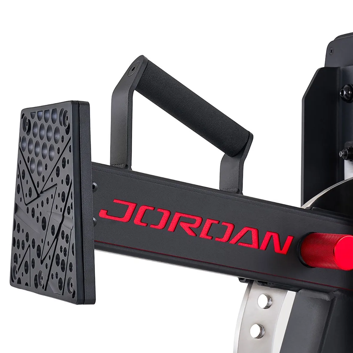 close-up of rack handle and footplate with red Jordan lettering, Jordan Strength Collection